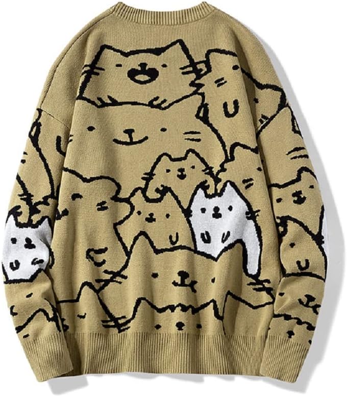 Men Cat Sweaters Crewneck Long Sleeve Cotton Cute Pullover Sweaters - Image 2