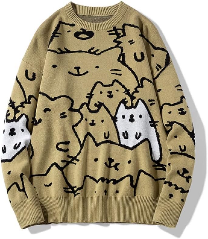 Men Cat Sweaters Crewneck Long Sleeve Cotton Cute Pullover Sweaters