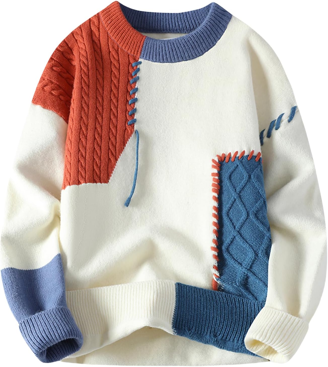 Patchwork Sweater Men Colorblock Jumper Cable Knitted Pullover
