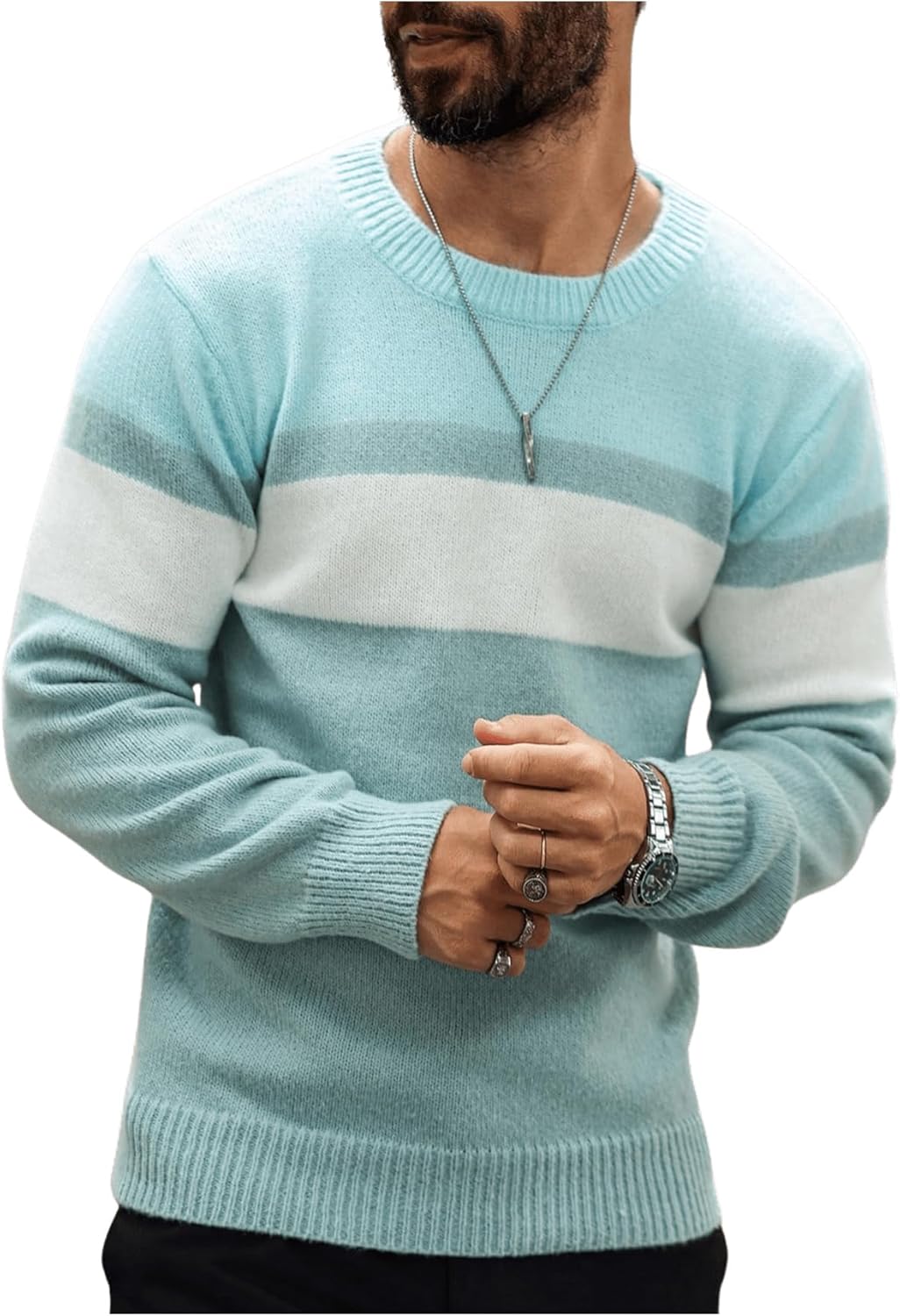 Men Striped Sweaters Long Sleeve Round Neck Knitted Pullover Tops