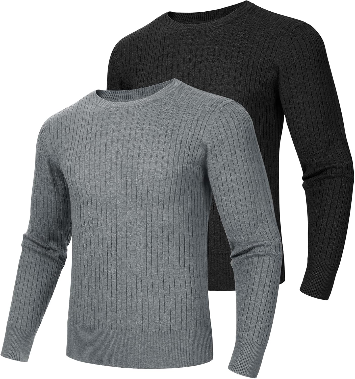 2 Pack Men's Cable Knit Sweaters, Crewneck Long Sleeve Pullover Ribbed Casual Sweater Classic Fit Soft Pullover - Image 2