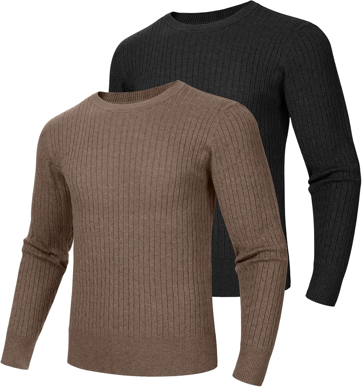2 Pack Men's Cable Knit Sweaters, Crewneck Long Sleeve Pullover Ribbed Casual Sweater Classic Fit Soft Pullover - Image 2