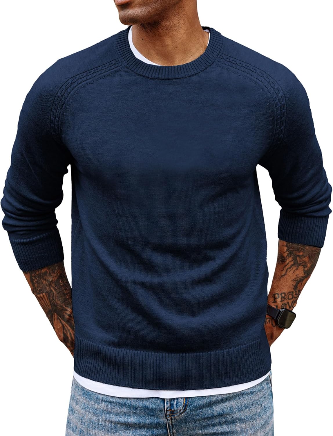 Men's Crewneck Sweaters Wool Blend Stretch Raglan Sleeve Knit Pullover Sweater Slim Fit Knitwear