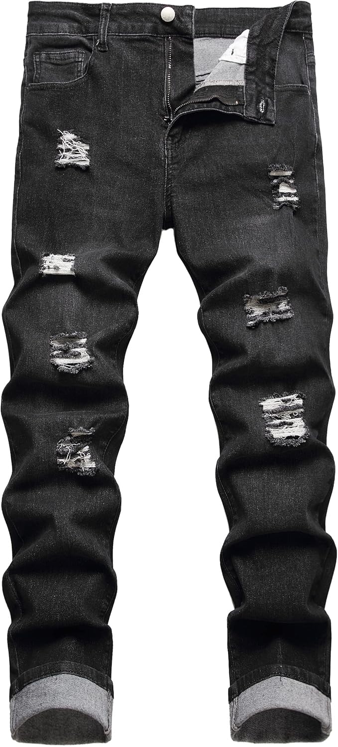 Men's Ripped Distressed Destroyed Slim Fit Straight Leg Denim Jeans