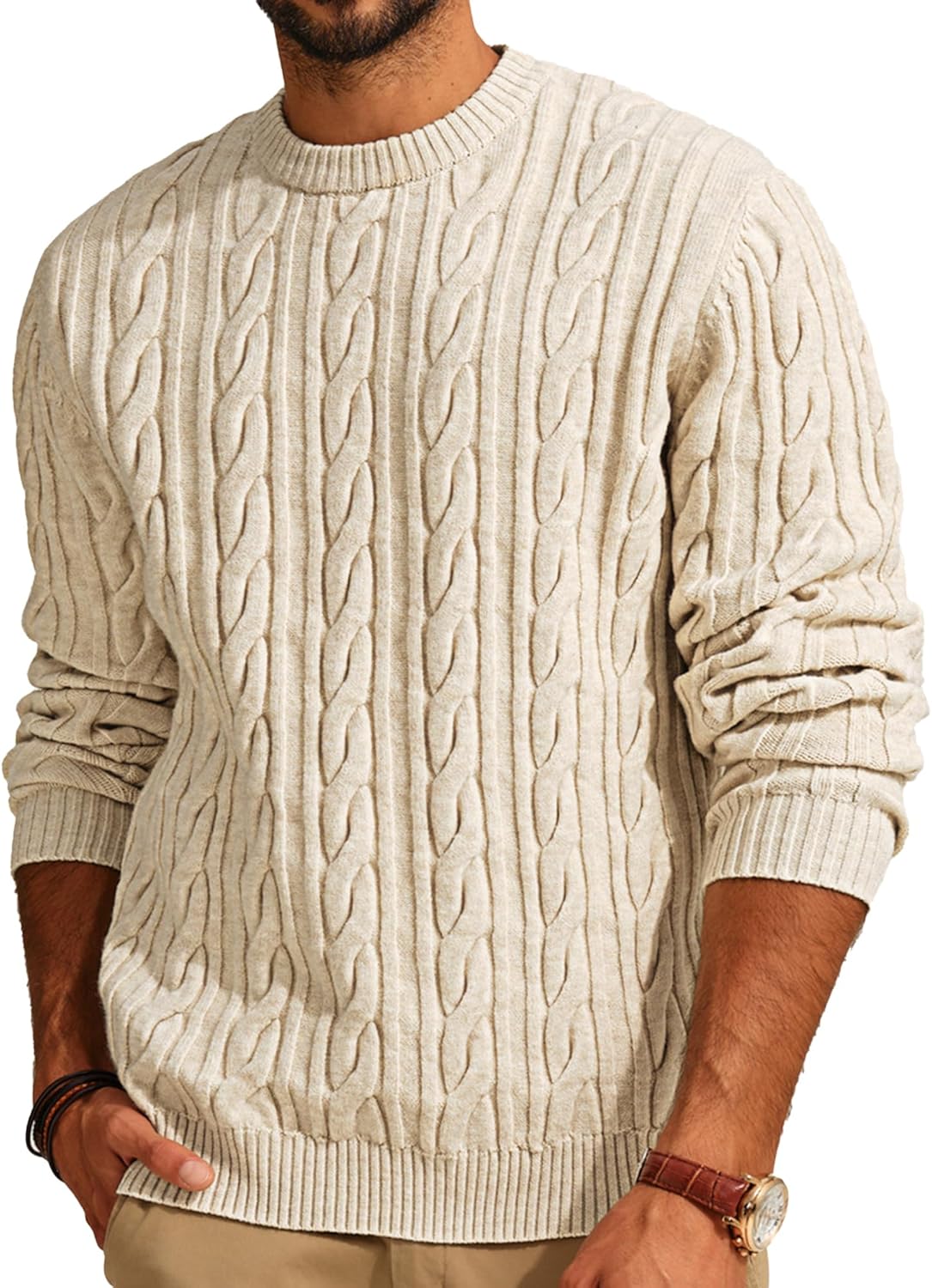 Men Sweater Crewneck Cable Knit Pullover Sweater Casual Twist Textured Sweaters