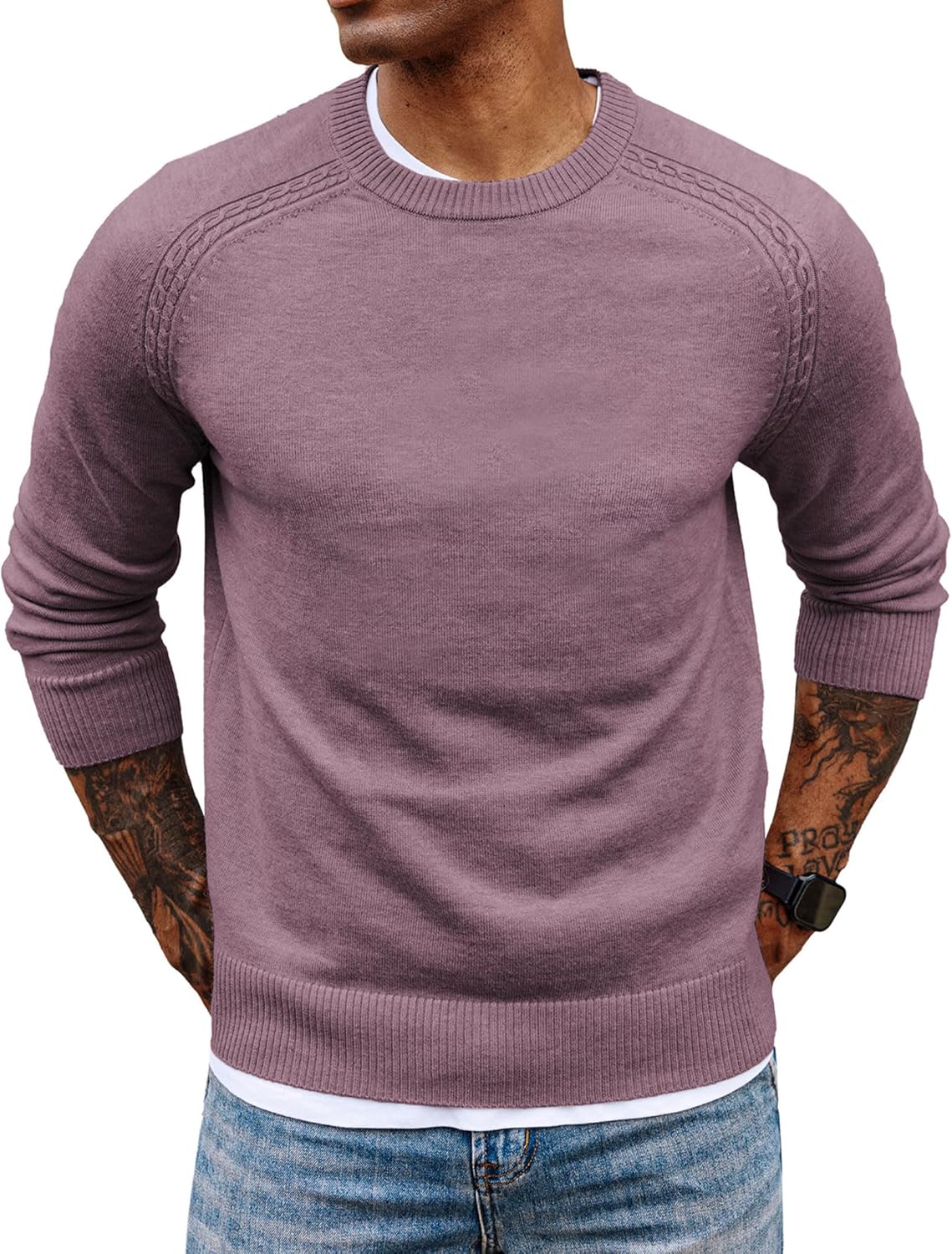 Men's Crewneck Sweaters Wool Blend Stretch Raglan Sleeve Knit Pullover Sweater Slim Fit Knitwear