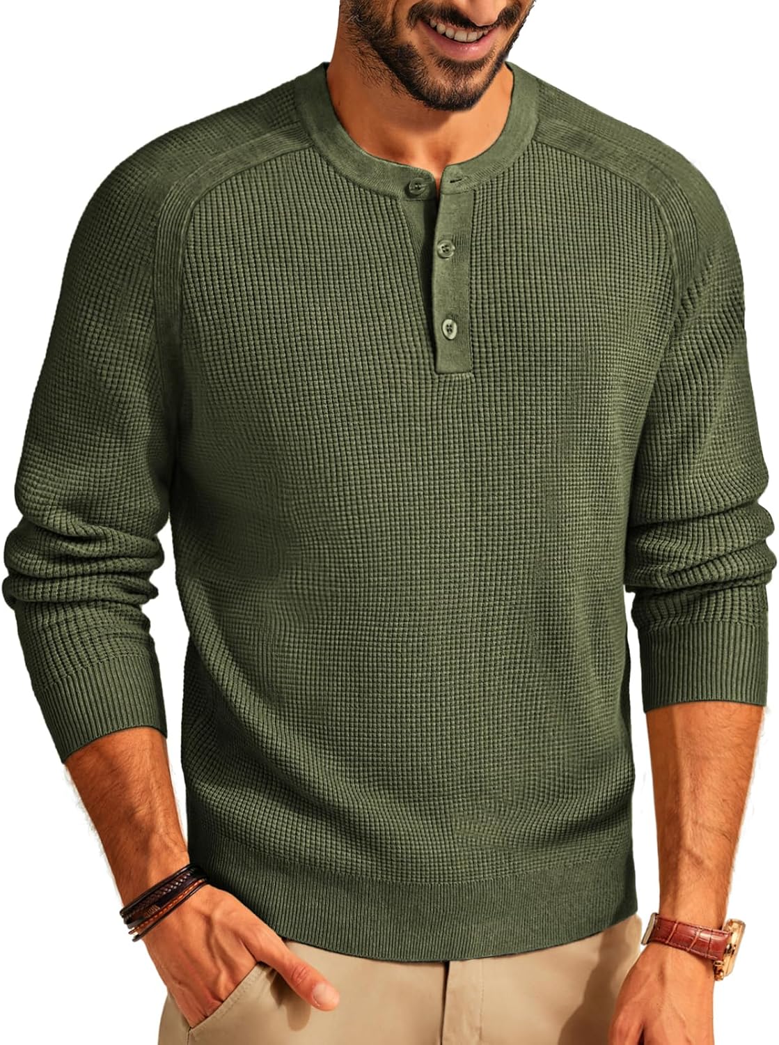 Men's Henley Sweaters Waffle Crewneck Pullover Sweaters Jumper Sweater