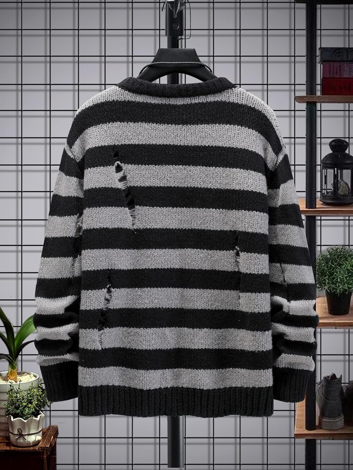 Men Distressed Contrast Binding Round Neck Sweater Striped Long Sleeve Knit Top - Image 2