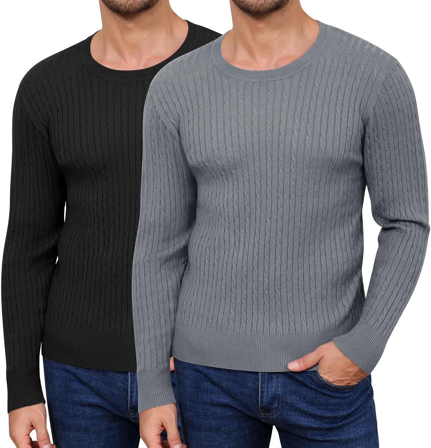 2 Pack Men's Cable Knit Sweaters, Crewneck Long Sleeve Pullover Ribbed Casual Sweater Classic Fit Soft Pullover