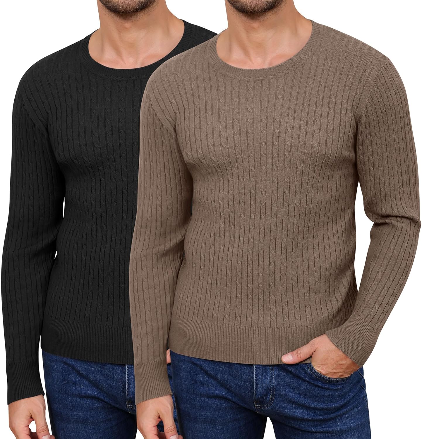 2 Pack Men's Cable Knit Sweaters, Crewneck Long Sleeve Pullover Ribbed Casual Sweater Classic Fit Soft Pullover